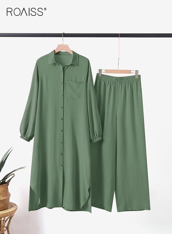 رويس طقم نسائي مكون من قطعتين بتصميم عربي إسلامي، مزود بجيوب، مناسب لفصلي الربيع والخريف، قميص بأكمام طويلة وبنطال، عصري وعملي، بخصر مطاطي وأزرار أمامية، لون أخضر - Image 3